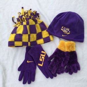 2 LSU Tigers Beanie Type Winter Hats, 2 LSU Gloves